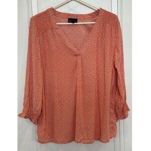 Jones NY Coral & White Floral Blouse L V-Neck 3/4 Length Sleeves Boho EUC Casual